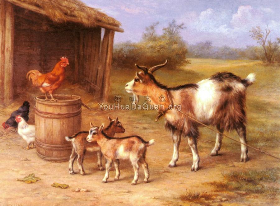 A farmyard Scene With Goats And Chickens - 埃德加·亨特